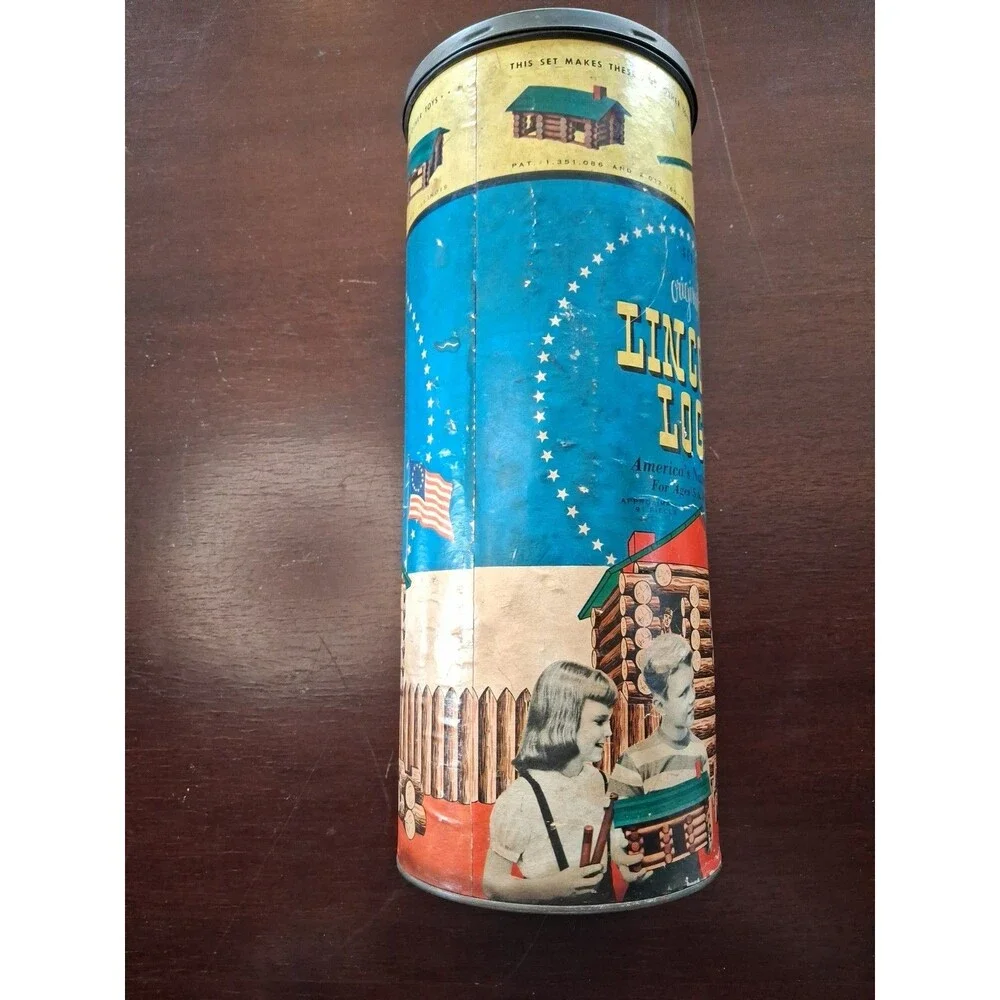 Vintage 1950s Lincoln Logs Set 2C in Round Canister